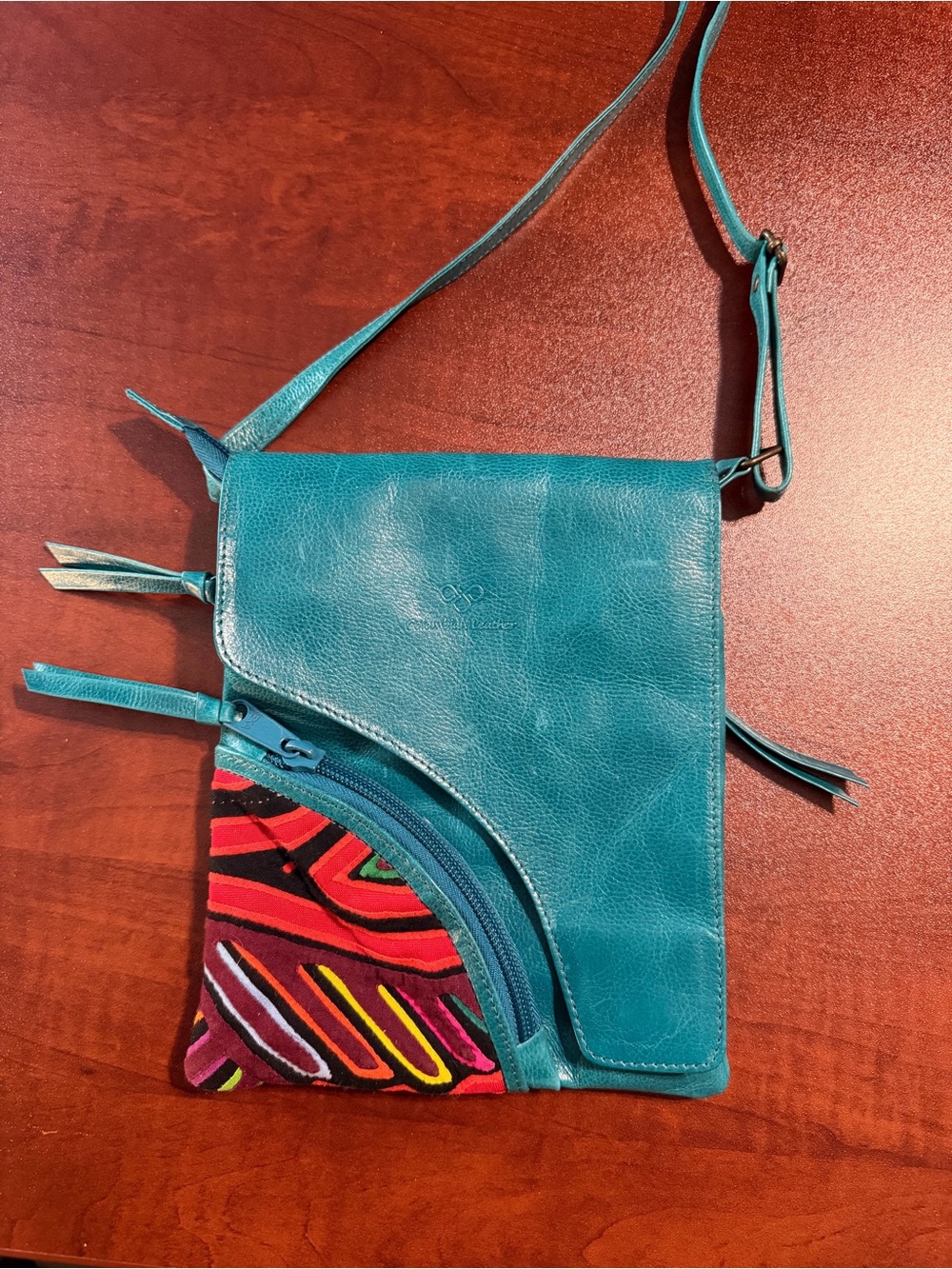 Turquoise Colombian Leather Crossbody Bag with Colorful Fabric Accent